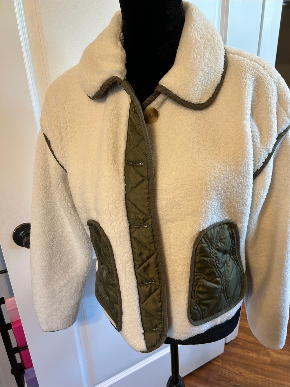 Blu Pepper Cream Teddy Jacket with Olive Quilted Trim